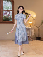 Beth and Brian Qipao-MYJ Ink Wash Landscape Pattern, Light Blue and Green Midi Ao dai