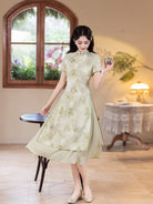 Beth and Brian Qipao-MYJ Ink Wash Landscape Pattern, Light Blue and Green Midi Ao dai