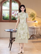 Beth and Brian Qipao-MYJ Ink Wash Landscape Pattern, Light Blue and Green Midi Ao dai