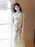 Beth and Brian Qipao-MYJ Ink Wash Landscape Pattern, Light Blue and Green Midi Ao dai