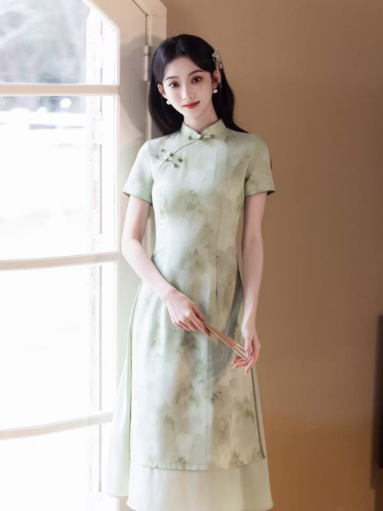 Beth and Brian Qipao-MYJ Ink Wash Landscape Pattern, Light Blue and Green Midi Ao dai