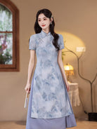 Beth and Brian Qipao-MYJ Ink Wash Landscape Pattern, Light Blue and Green Midi Ao dai
