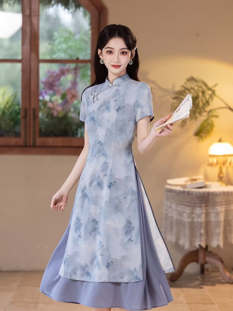 Beth and Brian Qipao-MYJ Ink Wash Landscape Pattern, Light Blue and Green Midi Ao dai