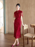 Beth and Brian Qipao-MY Bridal Chinese Style, Tassel Wine Red Midi Cheongsam Set