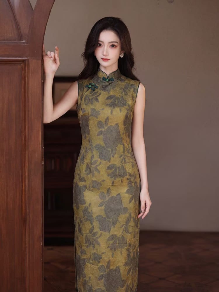 Beth and Brian Qipao-MYJ Retro style, floral yellow midi Cheongsam