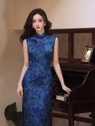 Beth and Brian Qipao-MYJ Sleeveless, floral pattern, blue midi Cheongsam