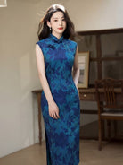 Beth and Brian Qipao-MYJ Sleeveless, floral pattern, blue midi Cheongsam