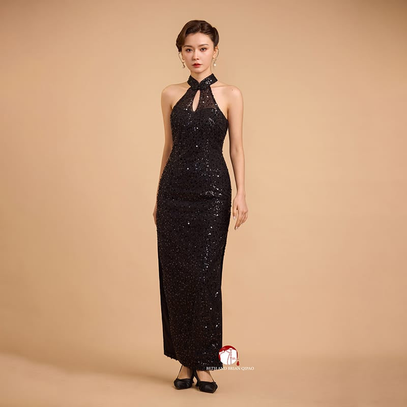 Beth and Brian Qipao-SD Exclusive designer collection, black sequins long Qipao