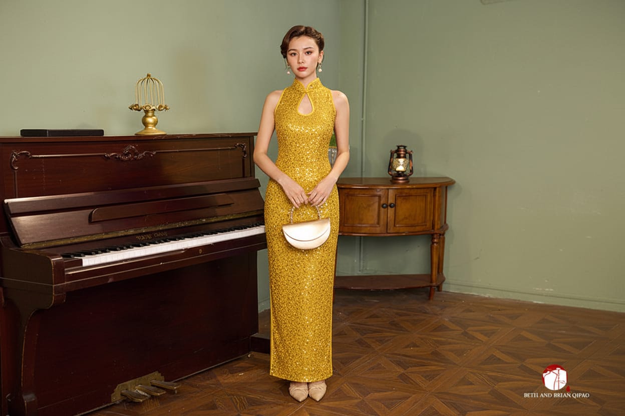 Beth and Brian Qipao-Exclusivedesigner Exclusive designer collection, blue sequins long Qipao
