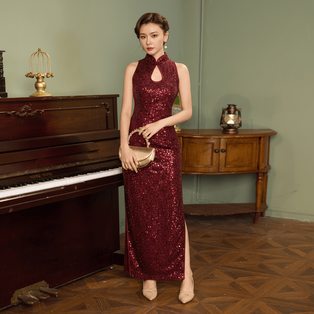 Beth and Brian Qipao-Exclusivedesigner Exclusive designer collection, blue sequins long Qipao