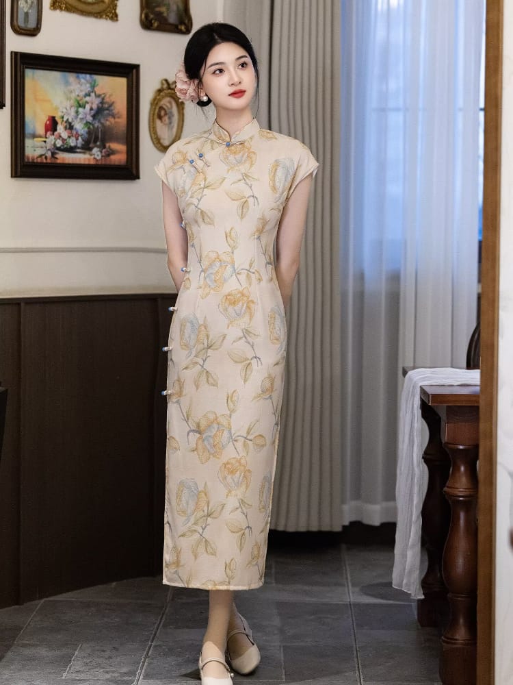 Beth and Brian Qipao-LSB Floral pattern, light yellow long Cheongsam