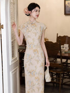 Beth and Brian Qipao-LSB Floral pattern, light yellow long Cheongsam