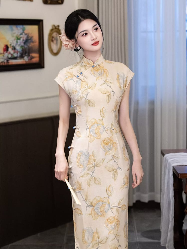 Beth and Brian Qipao-LSB Floral pattern, light yellow long Cheongsam