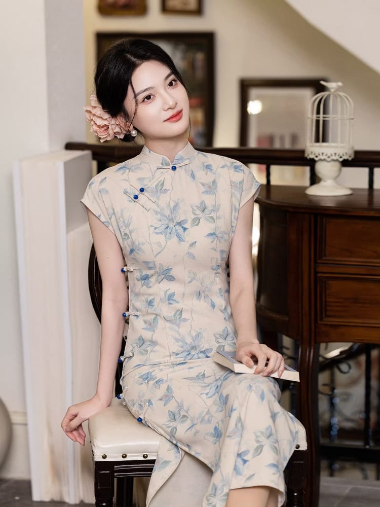 Beth and Brian Qipao-LSB Summer collection, blue ramie long Cheongsam