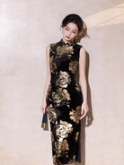 Beth and Brian Qipao-MYJ Gold Foil Stamping, Floral Pattern, Black Long Cheongsam