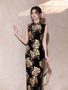 Beth and Brian Qipao-MYJ Gold Foil Stamping, Floral Pattern, Black Long Cheongsam