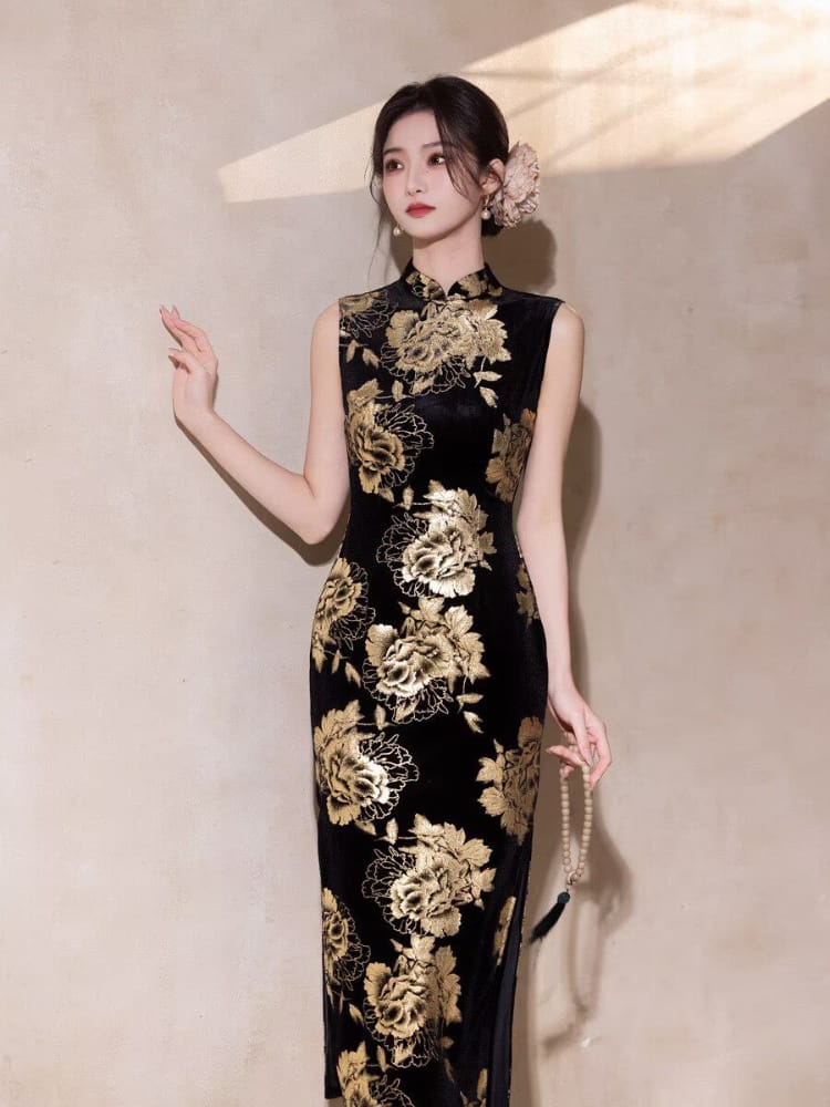 Beth and Brian Qipao-MYJ Gold Foil Stamping, Floral Pattern, Black Long Cheongsam