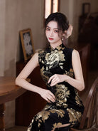 Beth and Brian Qipao-MYJ Gold Foil Stamping, Floral Pattern, Black Long Cheongsam