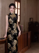 Beth and Brian Qipao-MYJ Gold Foil Stamping, Floral Pattern, Black Long Cheongsam