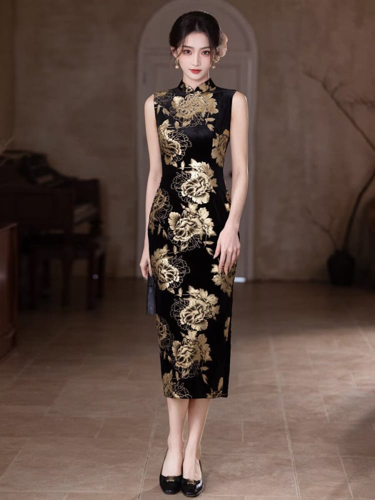 Beth and Brian Qipao-MYJ Gold Foil Stamping, Floral Pattern, Black Long Cheongsam