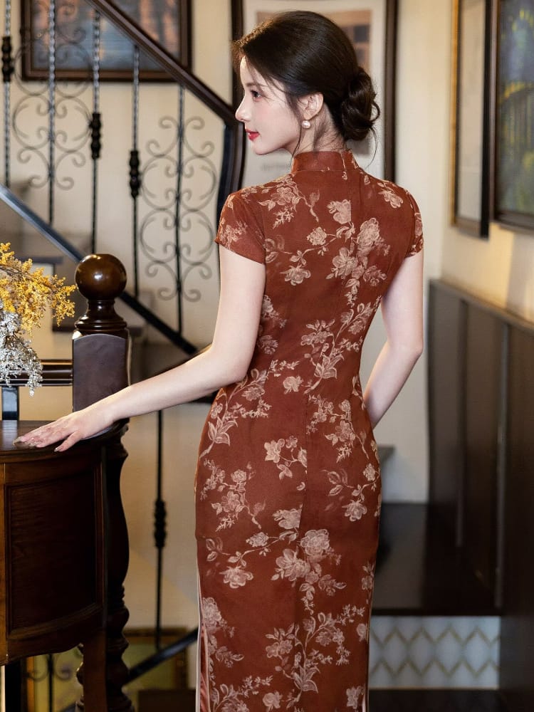 Beth and Brian Qipao-MYJ Caramel Reddish Brown, Jacquard Fabric, Peony Pattern Long Cheongsam