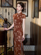 Beth and Brian Qipao-MYJ Caramel Reddish Brown, Jacquard Fabric, Peony Pattern Long Cheongsam