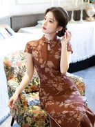 Beth and Brian Qipao-MYJ Caramel Reddish Brown, Jacquard Fabric, Peony Pattern Long Cheongsam