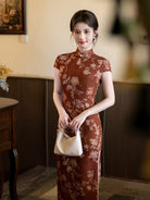 Beth and Brian Qipao-MYJ Caramel Reddish Brown, Jacquard Fabric, Peony Pattern Long Cheongsam
