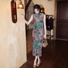 Beth and Brian Qipao-MYJ Ink Wash Peony Pattern, Green Long Cheongsam