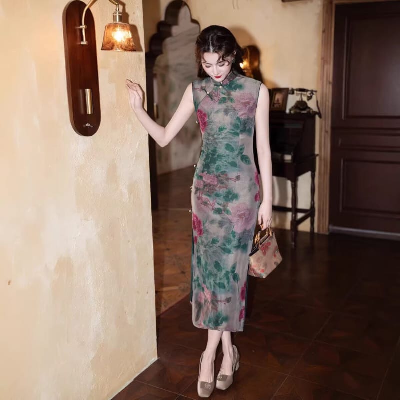 Beth and Brian Qipao-MYJ Ink Wash Peony Pattern, Green Long Cheongsam