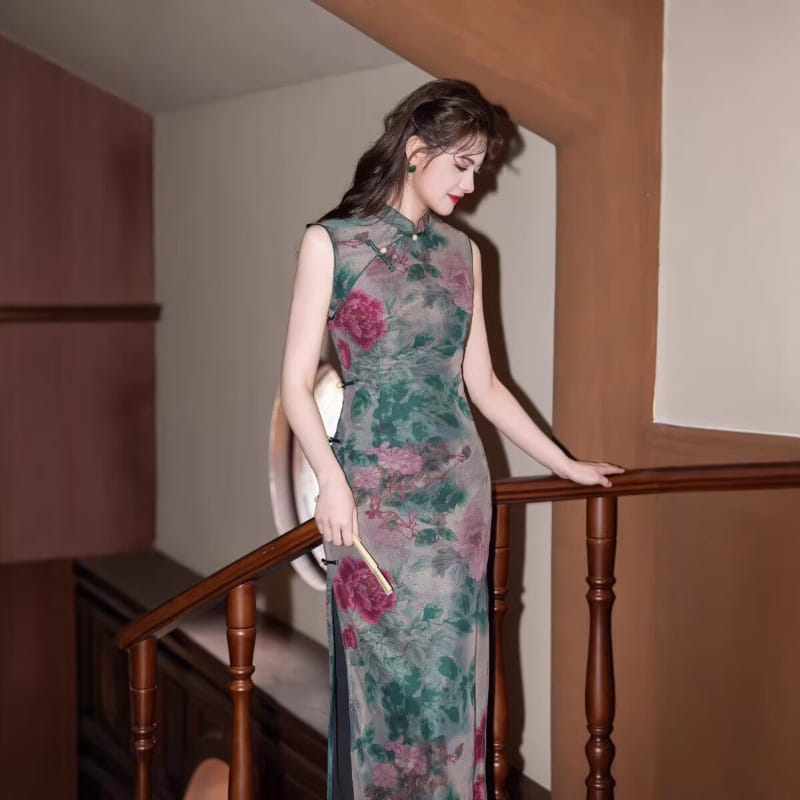 Beth and Brian Qipao-MYJ Ink Wash Peony Pattern, Green Long Cheongsam