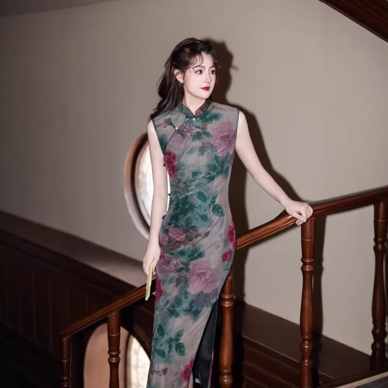 Beth and Brian Qipao-MYJ Ink Wash Peony Pattern, Green Long Cheongsam