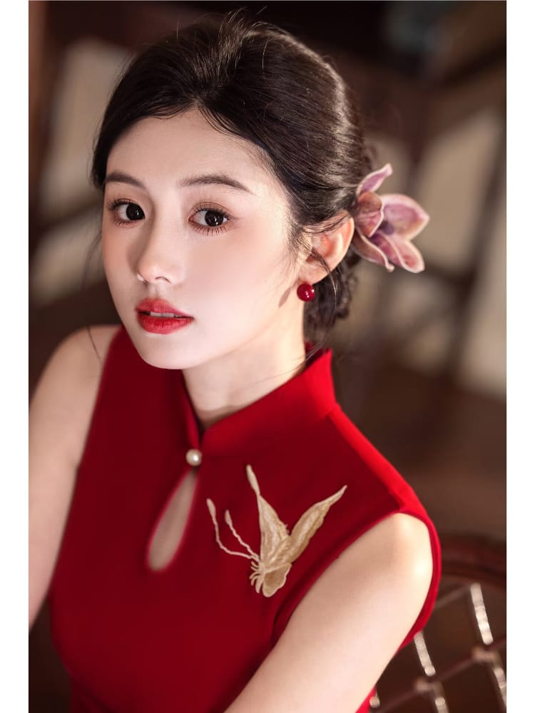 Beth and Brian Qipao-LSB Butterfly embroidery, water drop collar, sleeveless long Cheongsam