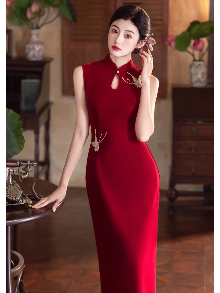 Beth and Brian Qipao-LSB Butterfly embroidery, water drop collar, sleeveless long Cheongsam