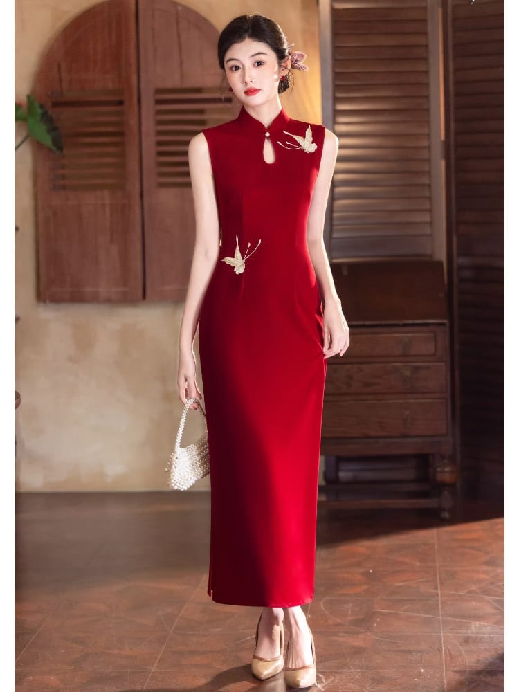 Beth and Brian Qipao-LSB Butterfly embroidery, water drop collar, sleeveless long Cheongsam