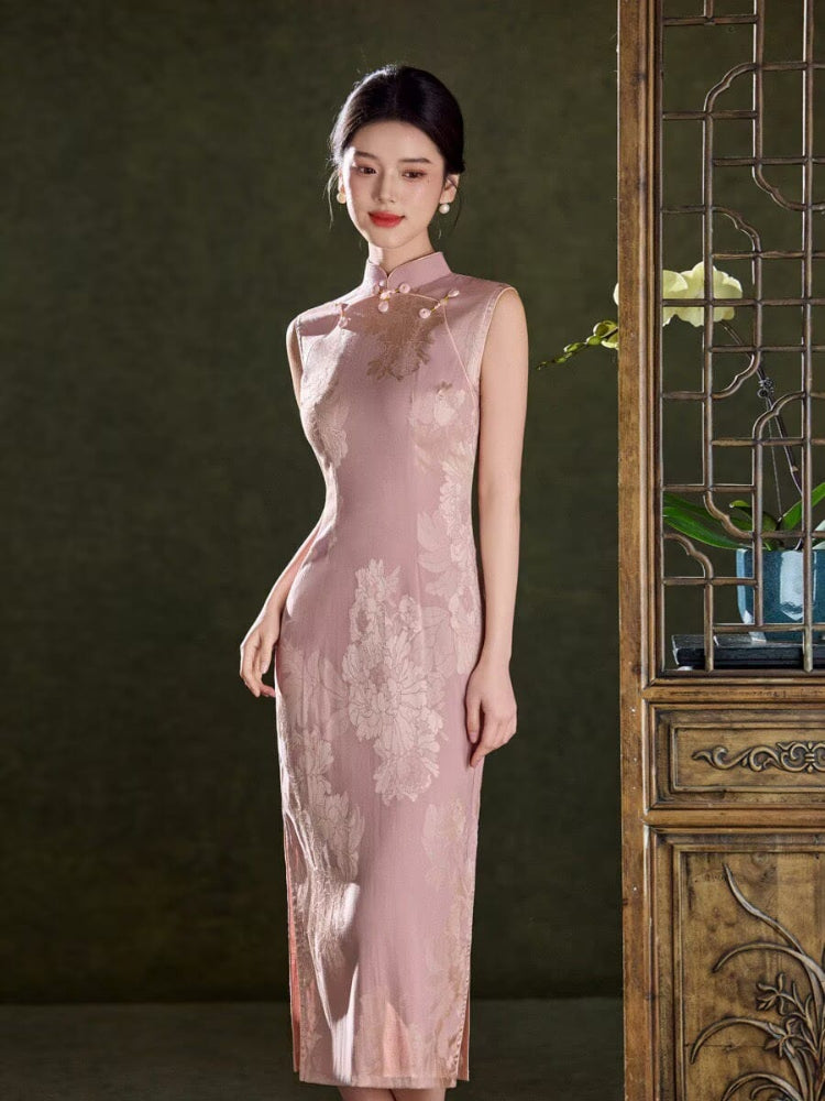 Beth and Brian Qipao-LSB Sleeveless, floral pattern, pink midi Cheongsam