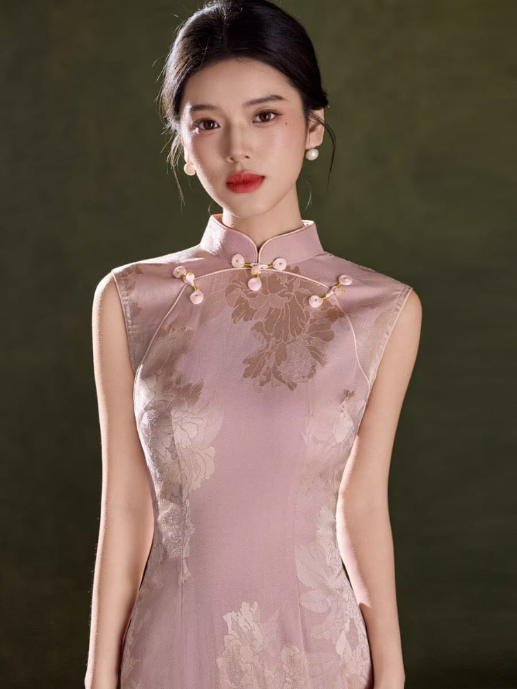 Beth and Brian Qipao-LSB Sleeveless, floral pattern, pink midi Cheongsam