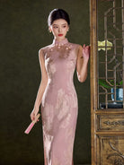 Beth and Brian Qipao-LSB Sleeveless, floral pattern, pink midi Cheongsam