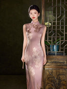 Beth and Brian Qipao-LSB Sleeveless, floral pattern, pink midi Cheongsam
