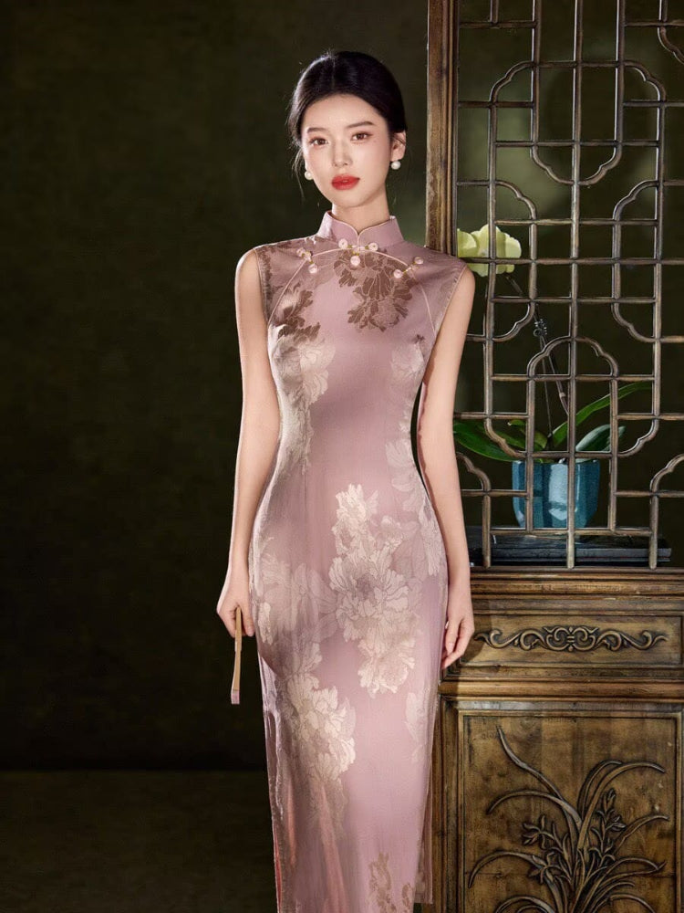 Beth and Brian Qipao-LSB Sleeveless, floral pattern, pink midi Cheongsam