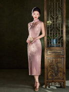 Beth and Brian Qipao-LSB Sleeveless, floral pattern, pink midi Cheongsam