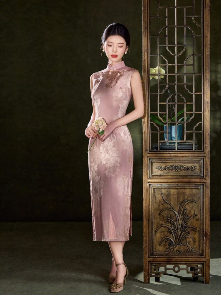 Beth and Brian Qipao-LSB Sleeveless, floral pattern, pink midi Cheongsam
