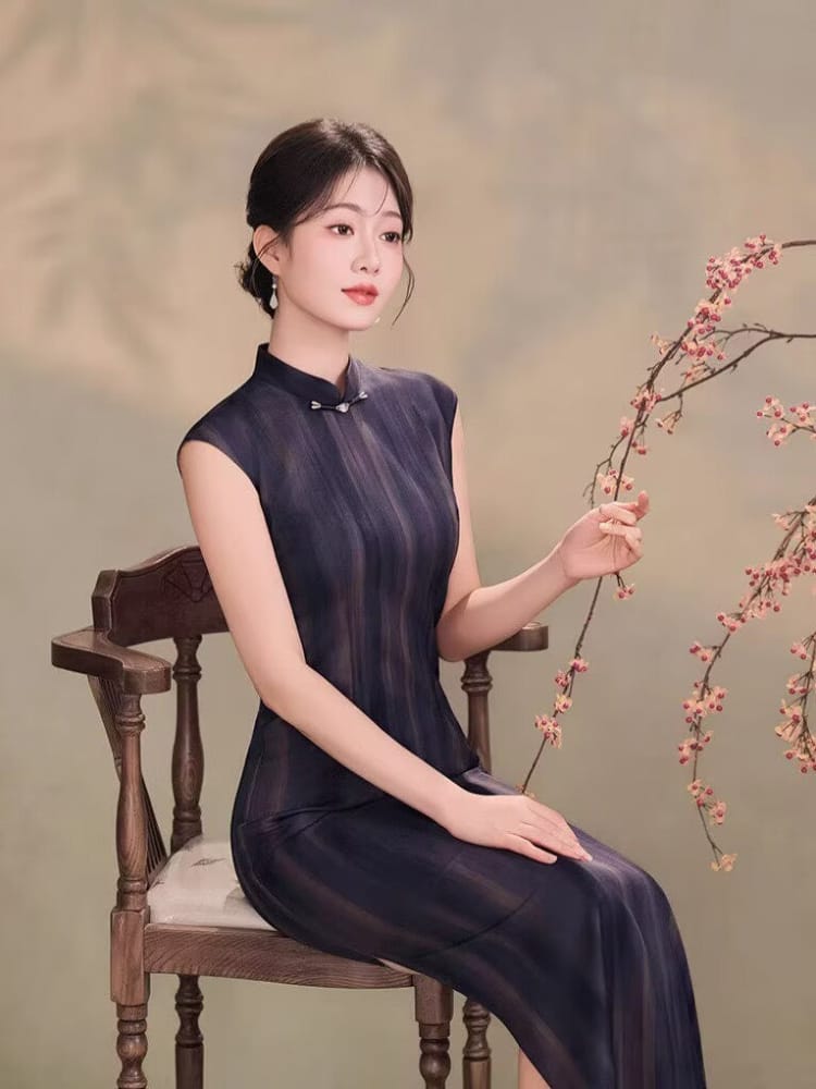 Beth and Brian Qipao-TQX Hong Kong Style, Stripe Pattern, Satin Long Cheongsam