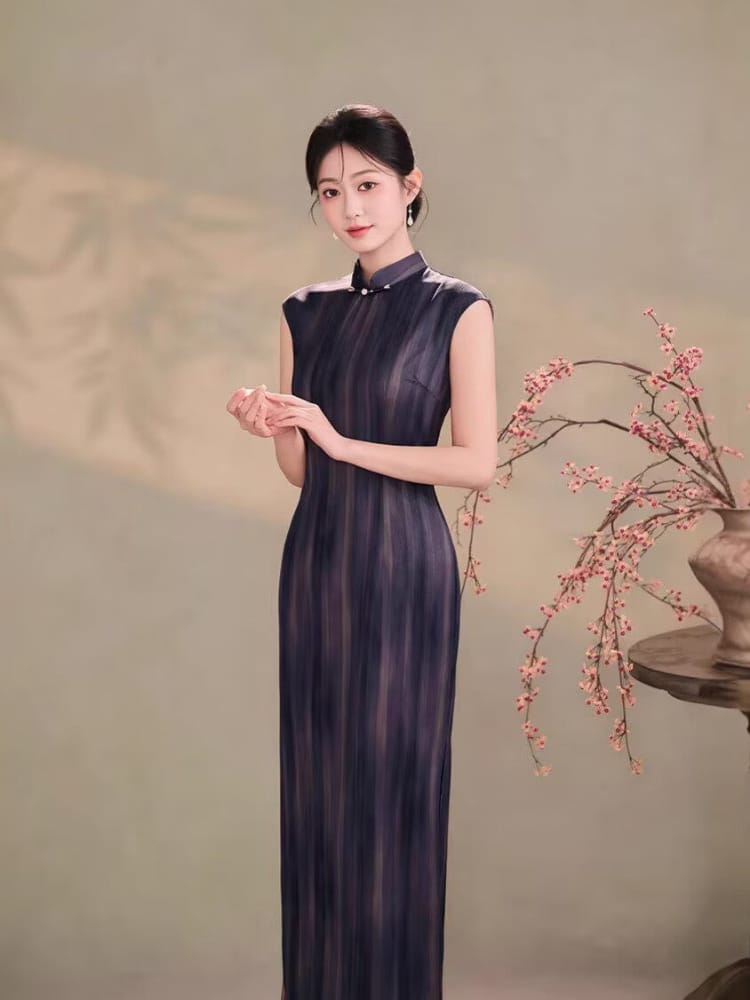 Beth and Brian Qipao-TQX Hong Kong Style, Stripe Pattern, Satin Long Cheongsam
