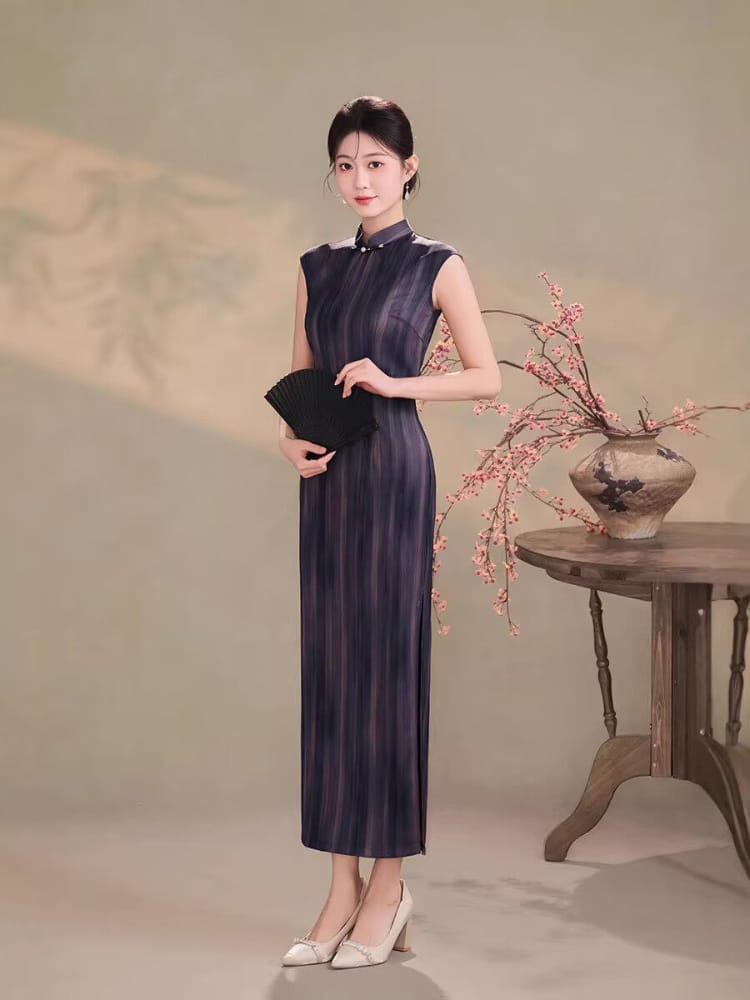Beth and Brian Qipao-TQX Hong Kong Style, Stripe Pattern, Satin Long Cheongsam