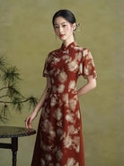 Beth and Brian Qipao-TQX Summer collecction, floral pattern, red midi Ao dai