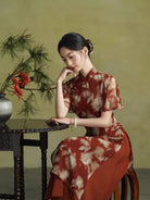 Beth and Brian Qipao-TQX Summer collecction, floral pattern, red midi Ao dai