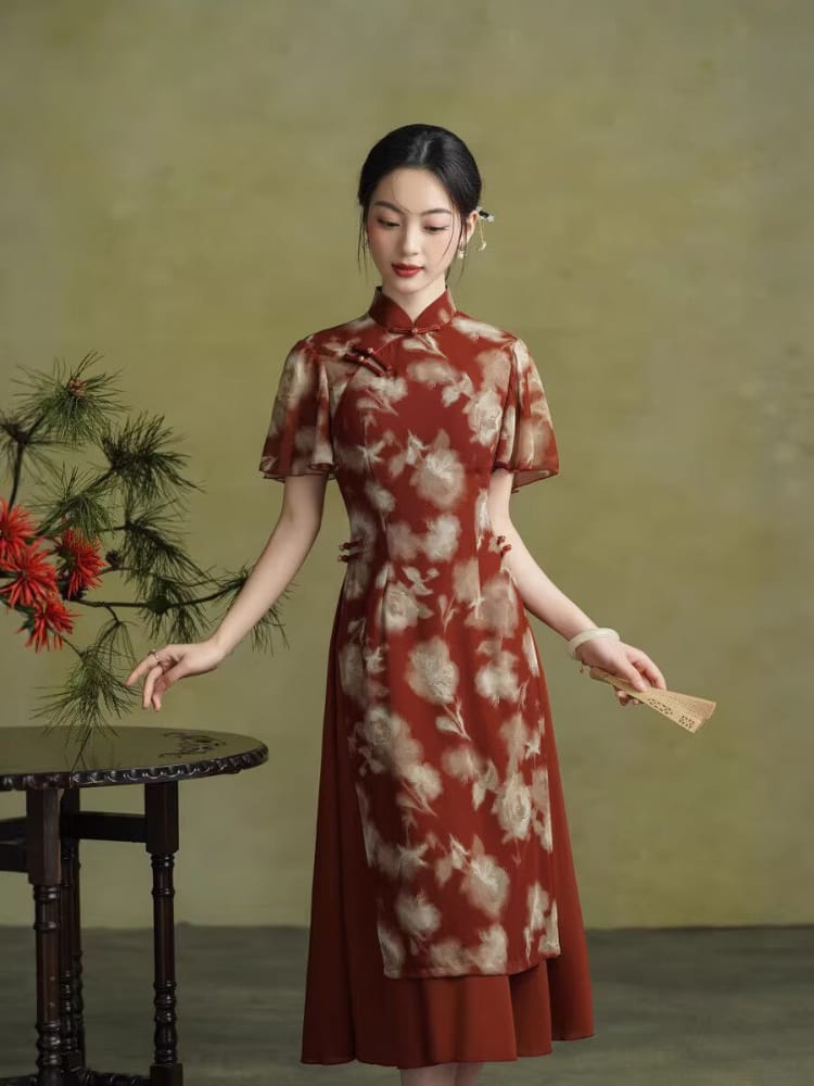 Beth and Brian Qipao-TQX Summer collecction, floral pattern, red midi Ao dai