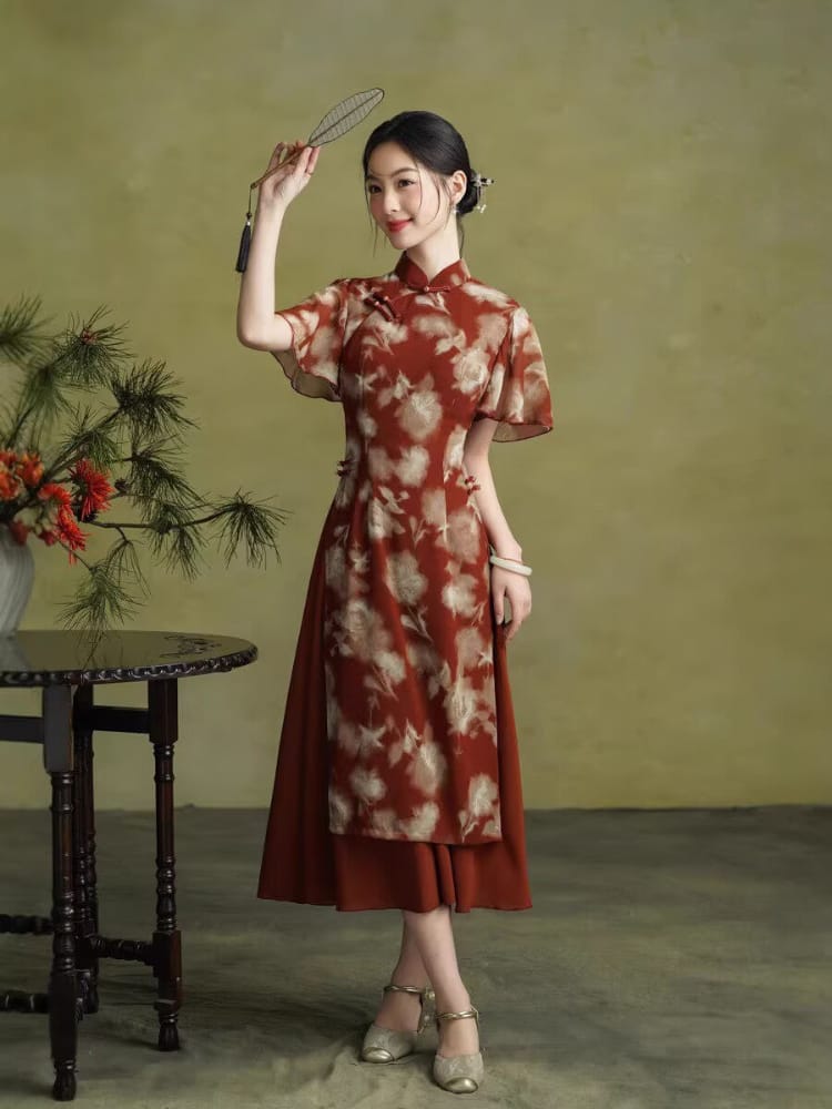 Beth and Brian Qipao-TQX Summer collecction, floral pattern, red midi Ao dai