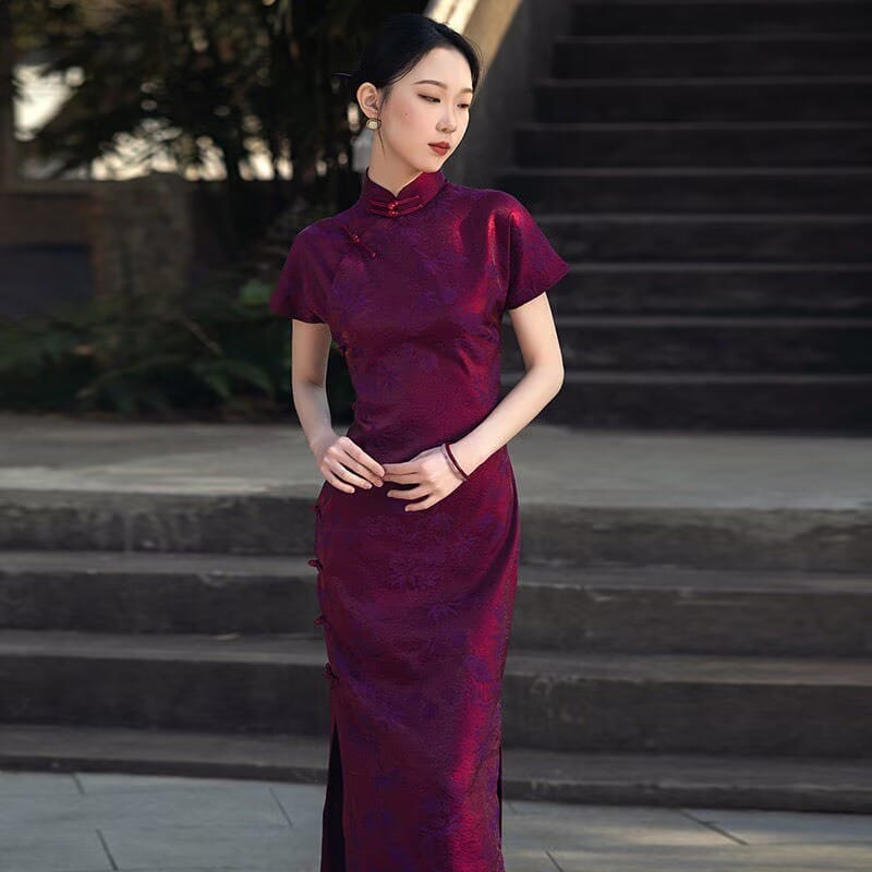 Beth and Brian Qipao-SMQ Ancient Craft Full Placket, purple midi Cheongsam